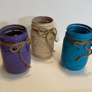 3 Distressed Painted Pint Size Ball Mason Jars Table Home Decor